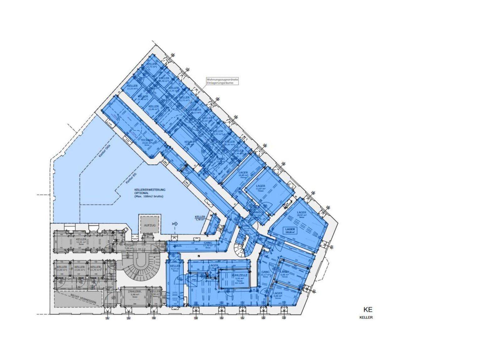 Grundriss des Kellergeschosses mit zahlreichen Lagerräumen und Technikbereichen.
