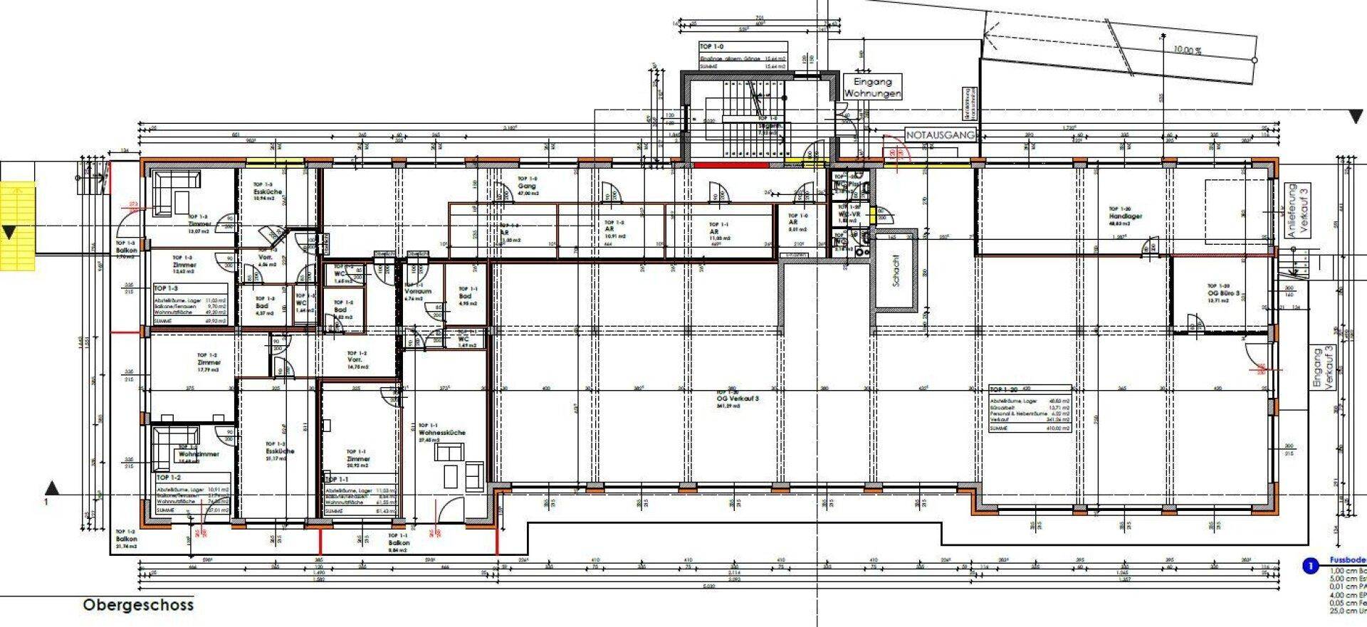 Grundriss des Obergeschosses mit mehreren Wohneinheiten, Balkonen und offener Gestaltung.