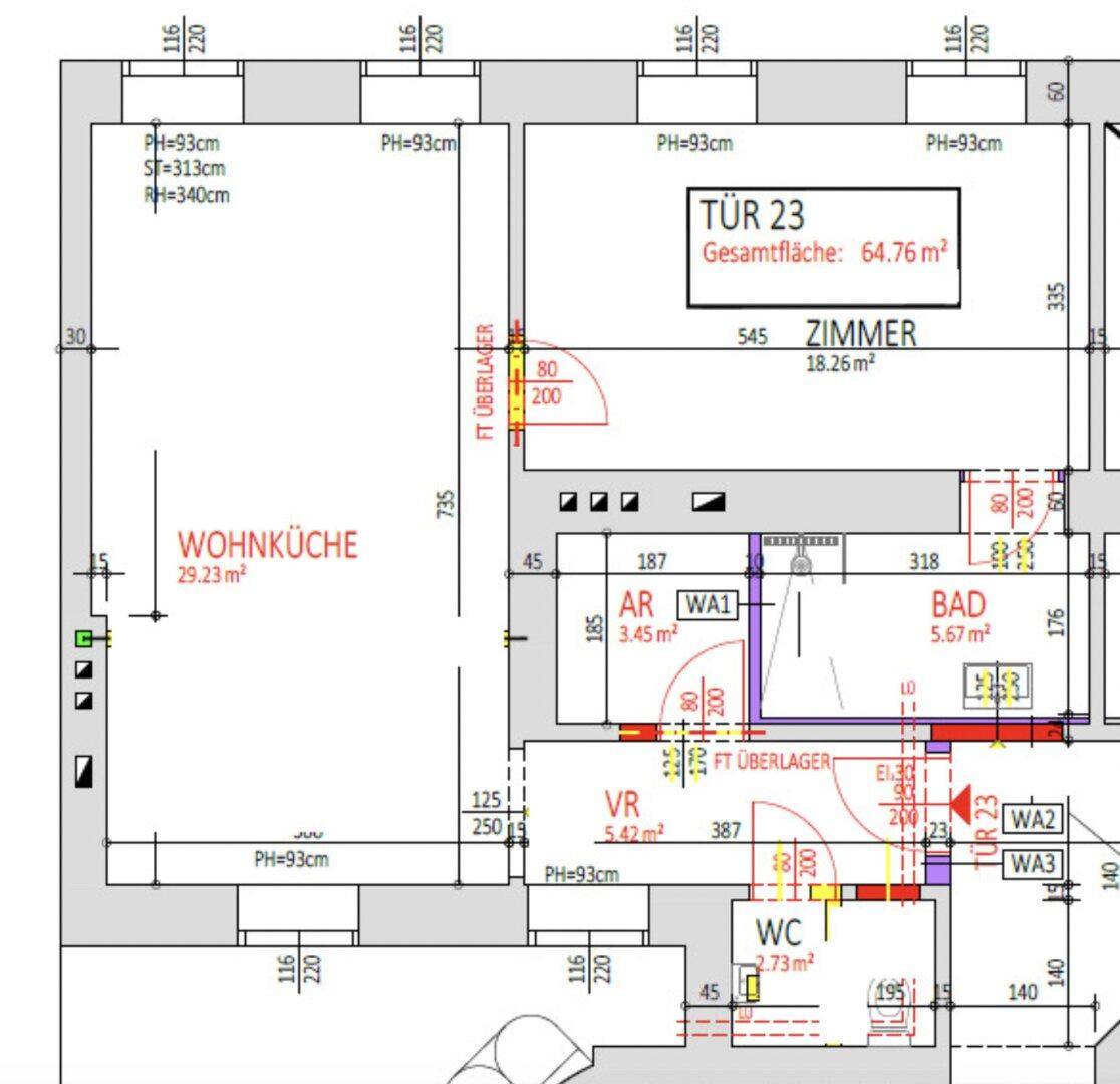 Detaillierter Grundriss einer Wohnung mit Wohnküche, Bad, WC und separatem Zimmer.