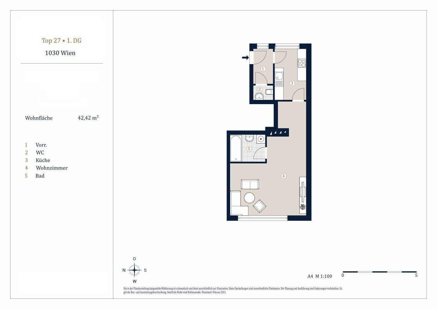 Grundriss der Wohnung Top 27 im 1. Dachgeschoss mit 42,42 m² Wohnfläche.