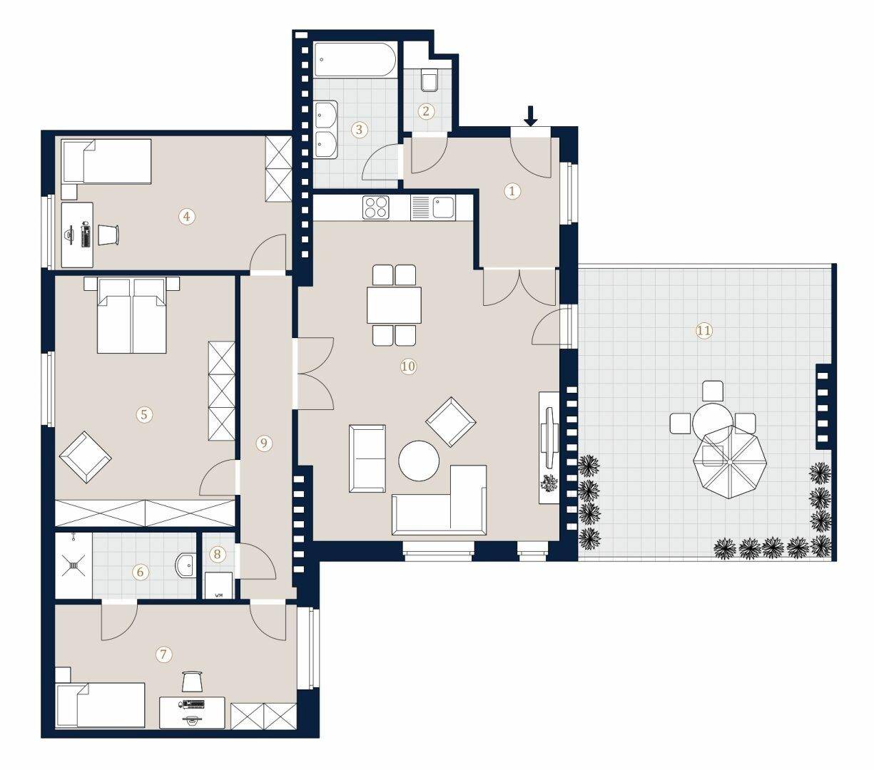 Detaillierter Grundriss einer Wohnung mit drei Schlafzimmern und großer Terrasse.
