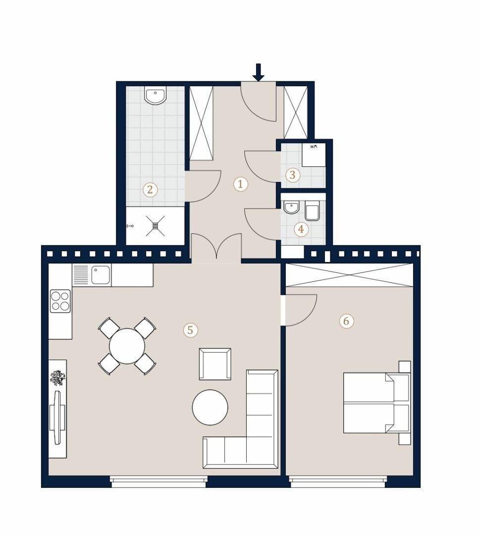 Grundriss einer Wohnung mit offenem Wohnbereich, Schlafzimmer und zwei Bädern.