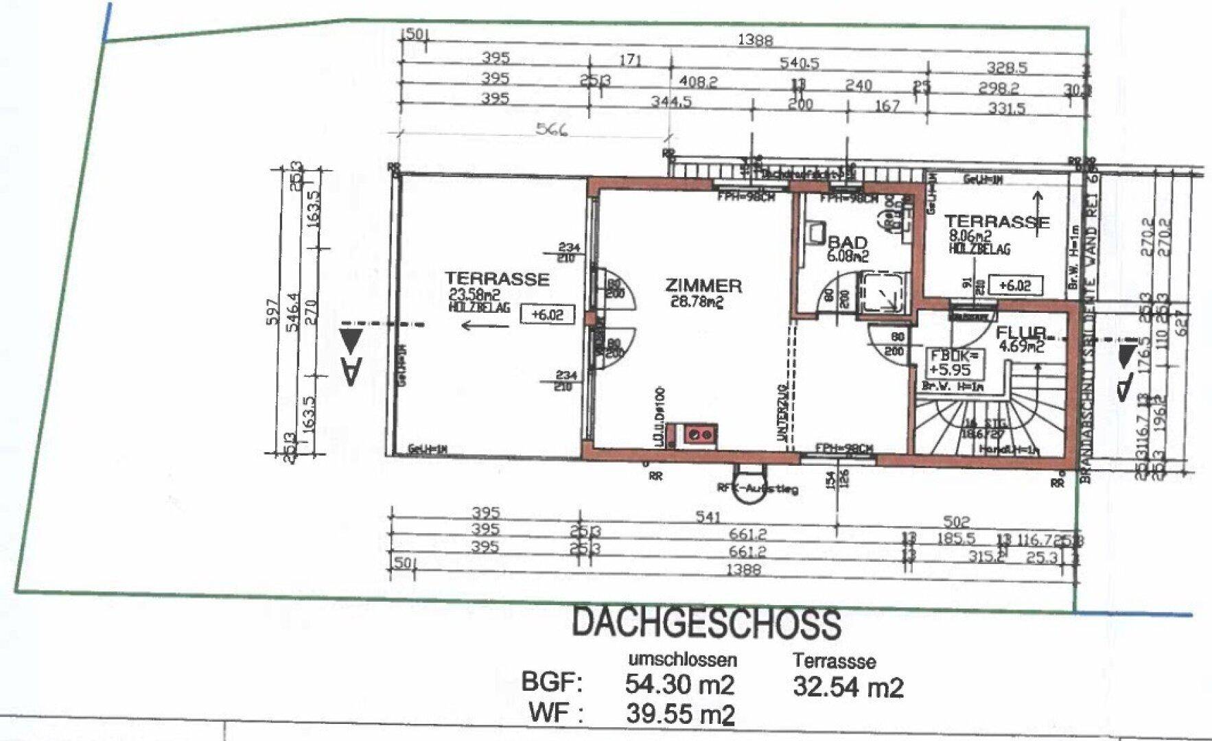Grundriss des Dachgeschosses mit Zimmer, Bad und einer großzügigen Dachterrasse.