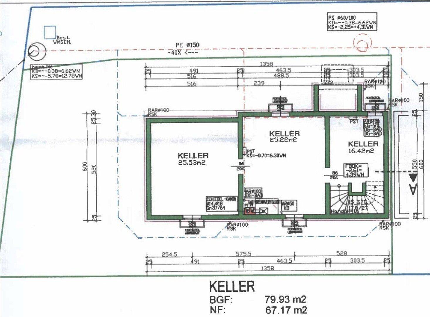 Grundriss des Kellers mit mehreren Kellerräumen und internem Treppenzugang.