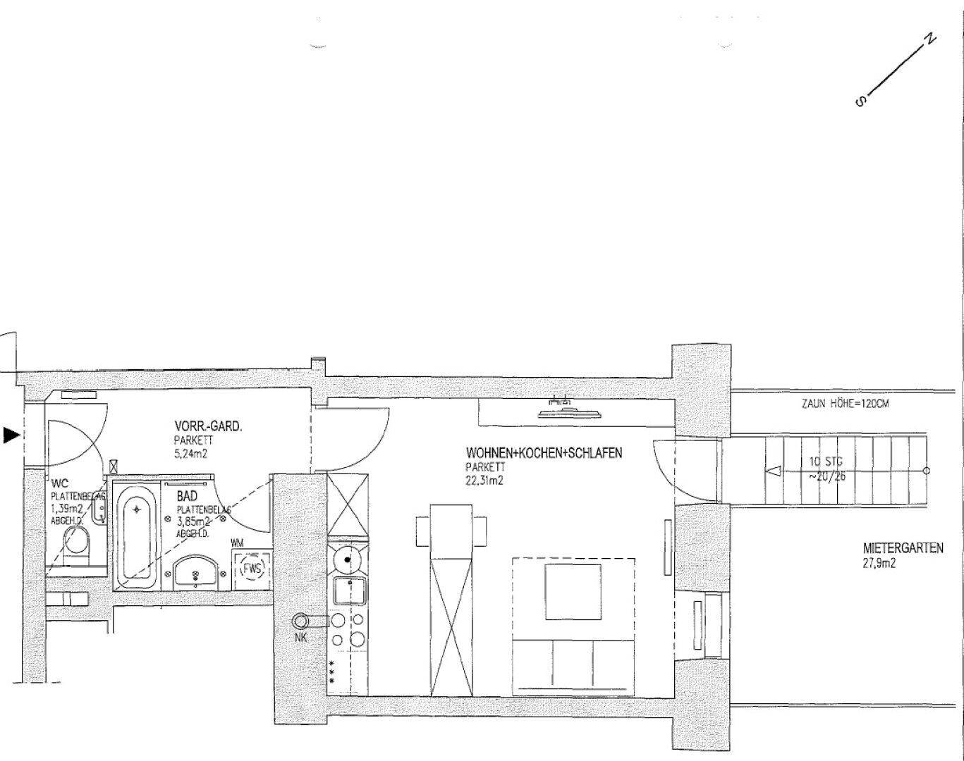 Grundriss einer Wohnung mit Wohn-, Koch- und Schlafbereich sowie Bad und Mietergarten.