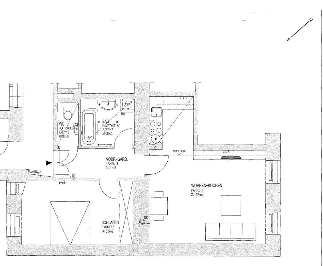 Grundriss einer Wohnung mit offenem Wohn- und Küchenbereich, Schlafzimmer und Bad.
