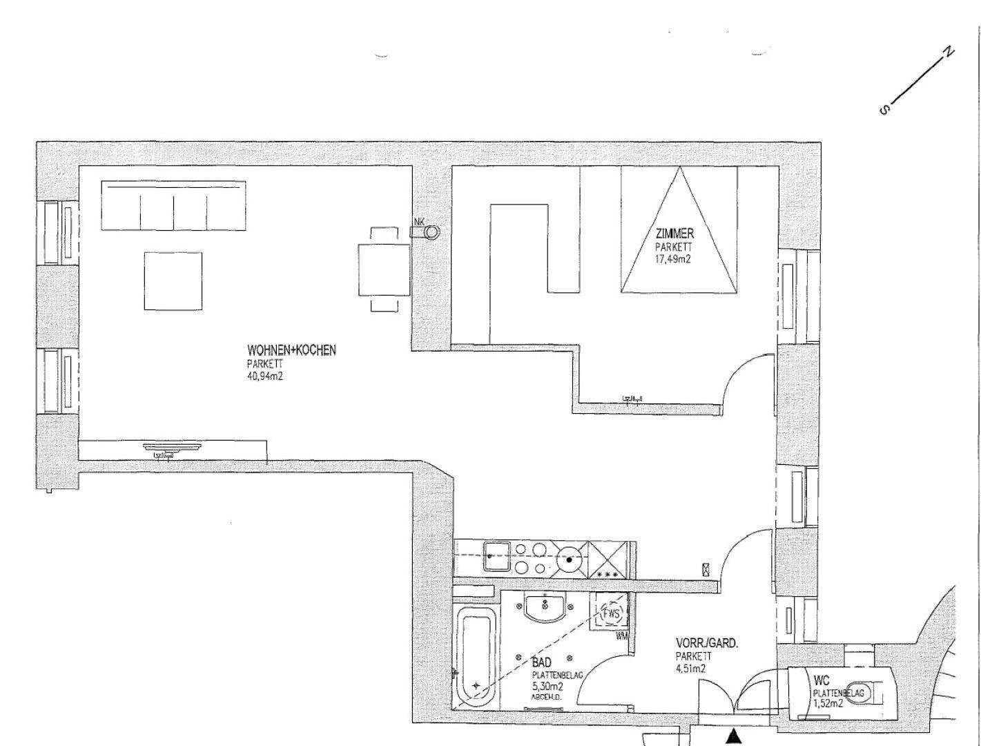 Grundriss einer Wohnung mit offenem Wohn-Kochbereich, Schlafzimmer und Bad.