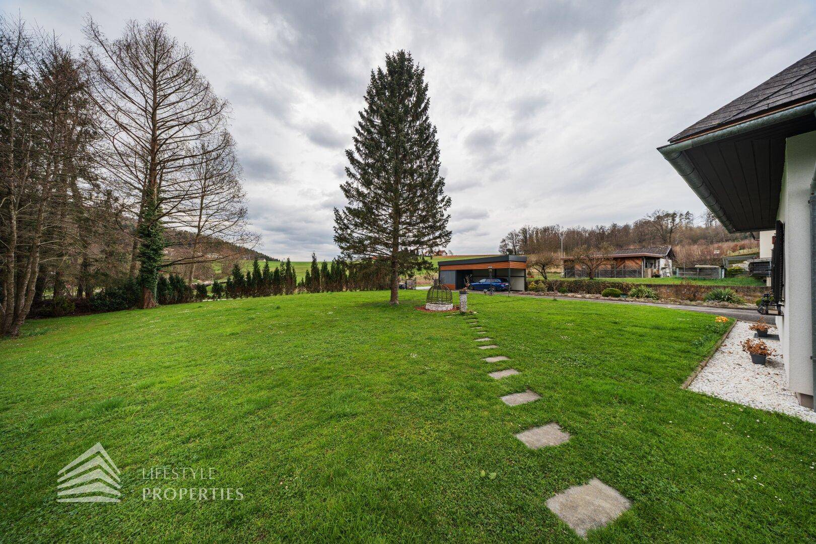 Gepflegter Gartenbereich mit Rasen, einem Baum und Trittsteinen zum Haus.