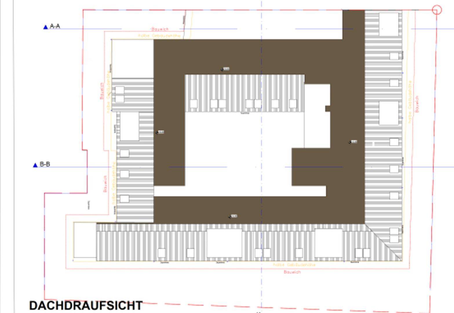 Draufsicht des Daches mit der Anordnung der Dachflächen und möglichen Dachfenstern.