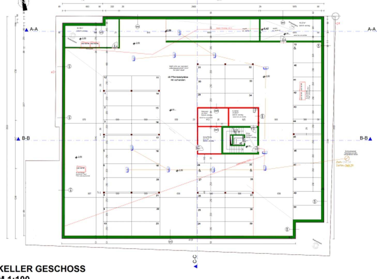 Grundriss des Kellergeschosses mit Raumaufteilung und technischen Installationen.