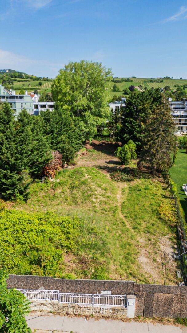 Panoramablick auf ein großes, grünes Grundstück mit Fernsicht auf die umliegende Landschaft.
