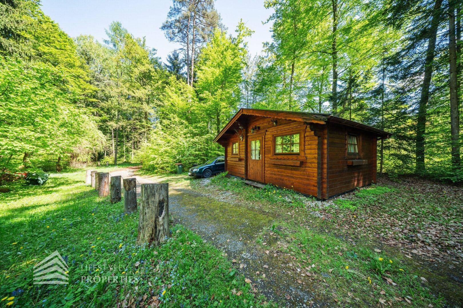 Rustikale Holzhütte umgeben von dichtem Wald und einer grünen Wiese unter blauem Himmel.