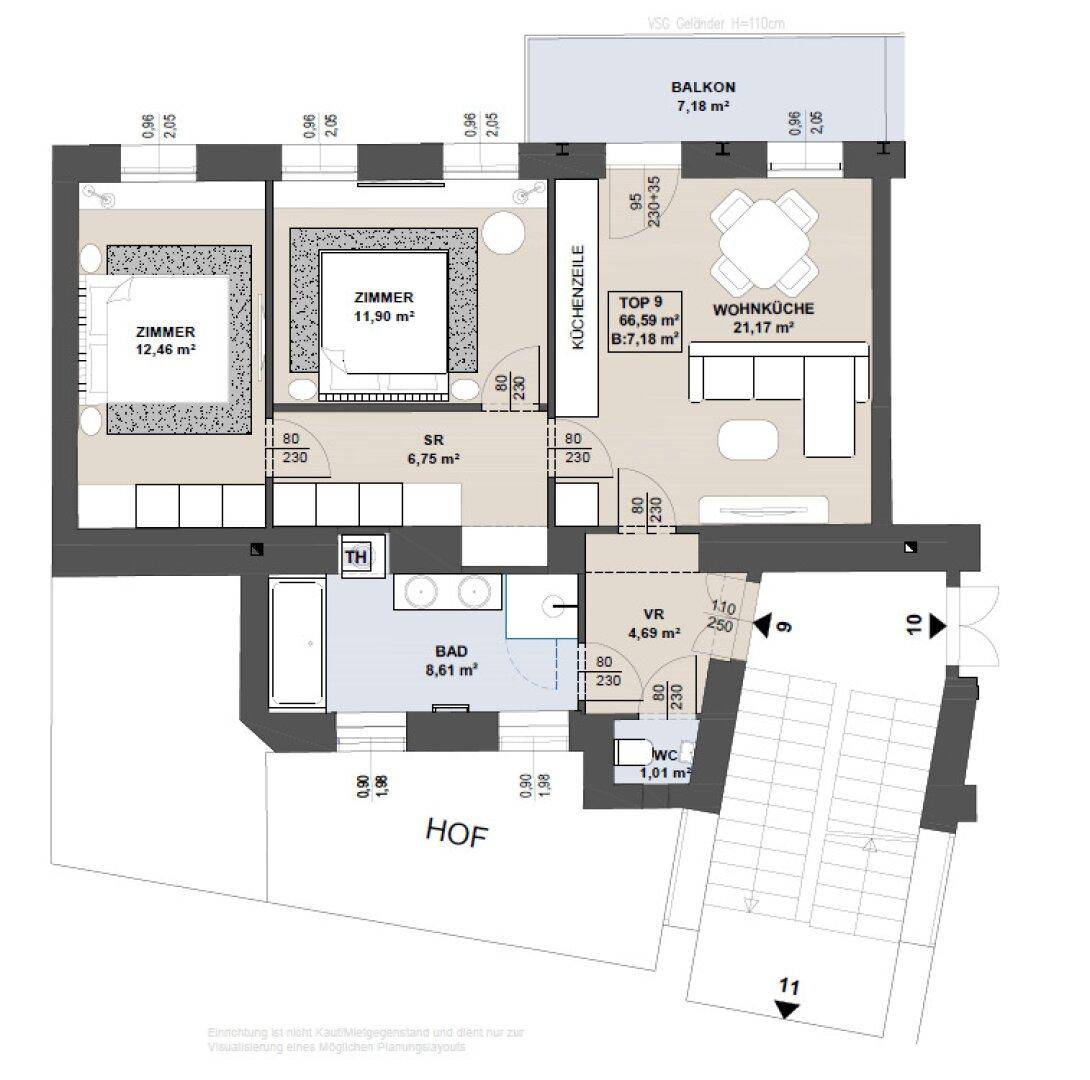 Detaillierter Grundriss der Wohnung mit Zimmeraufteilung und Balkon.