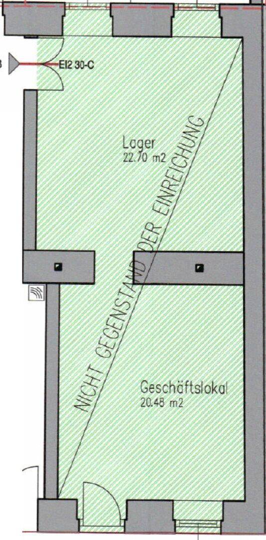 Grundrissplan zeigt ein Geschäftslokal und einen Lagerbereich mit Flächenangaben in Quadratmetern.