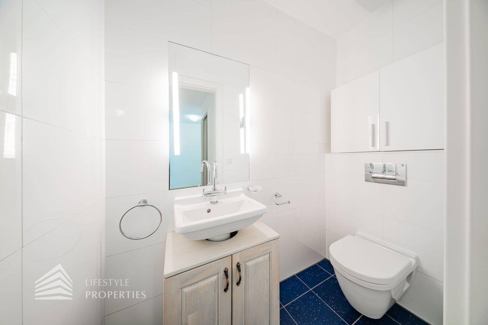Modernes Gäste-WC mit wandhängender Toilette, Einzelwaschbecken und blauen Fliesen.