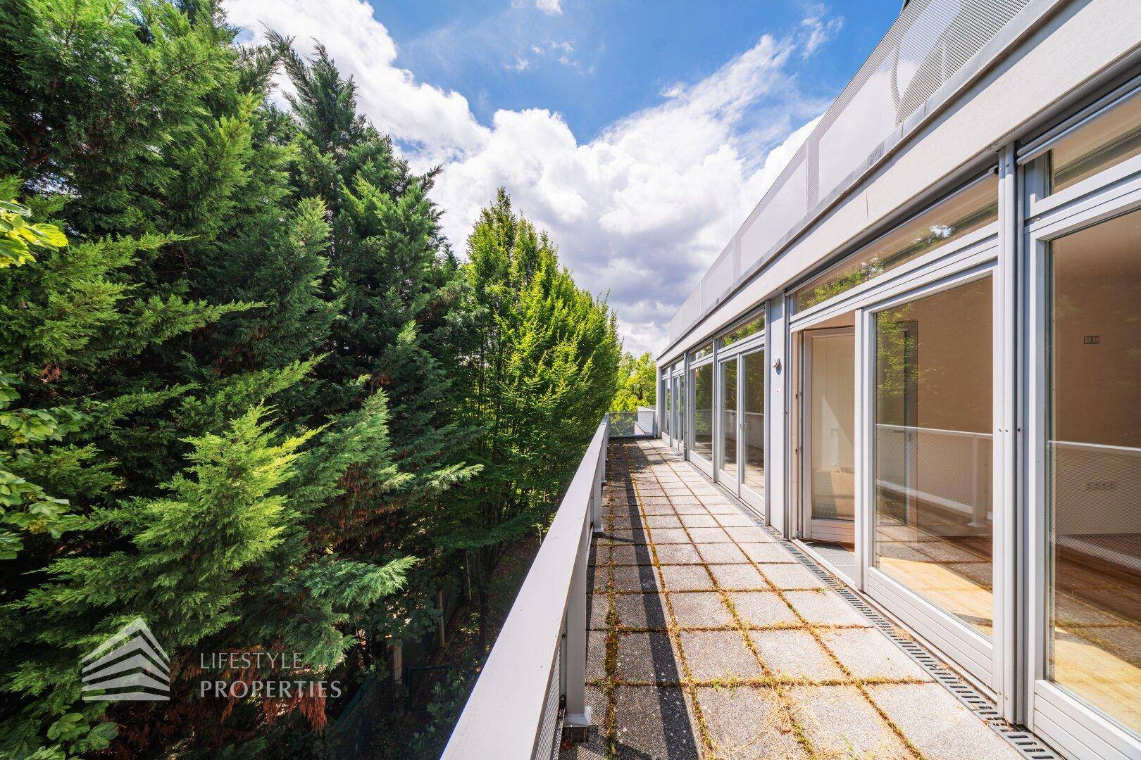 Lange Terrasse mit Steinplatten und Blick auf hohe Nadelbäume unter blauem Himmel.