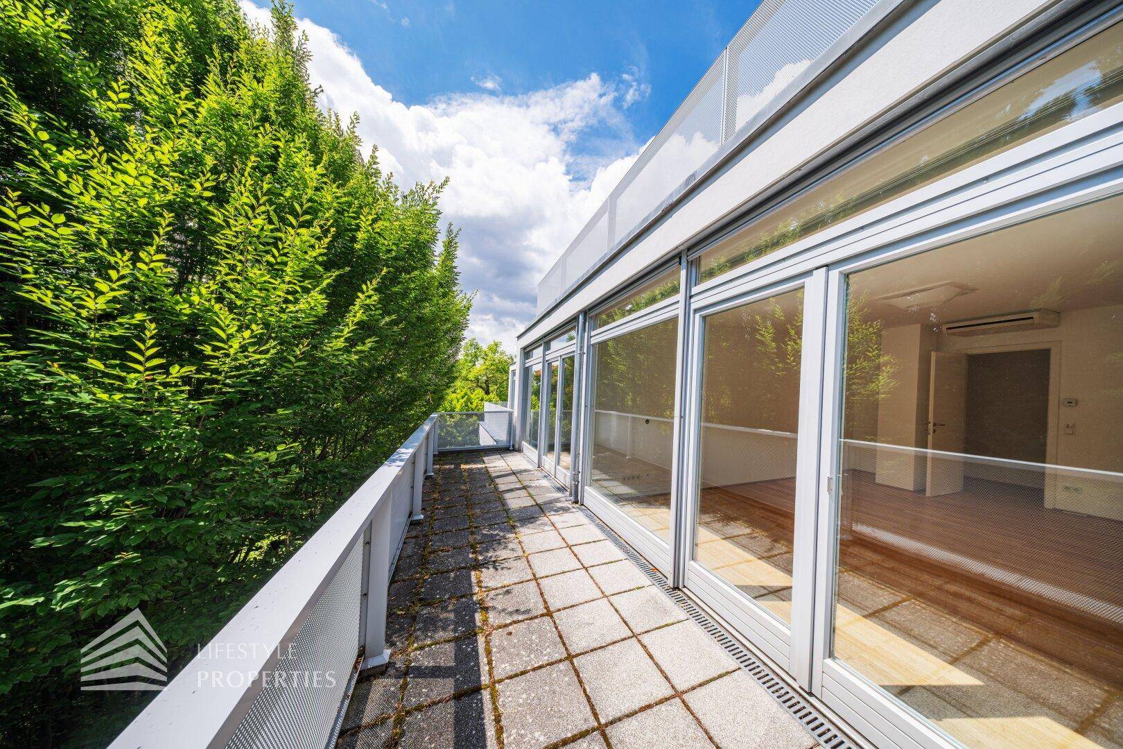 Schmale Terrasse mit Steinplatten und hohen Hecken für Privatsphäre, mit Zugang zu Innenräumen.