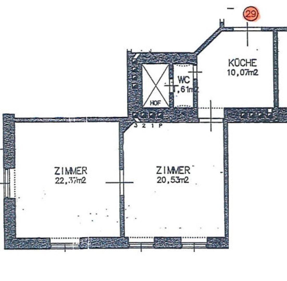 Grundrissplan zeigt die Aufteilung in zwei Zimmer, Küche und separates WC.