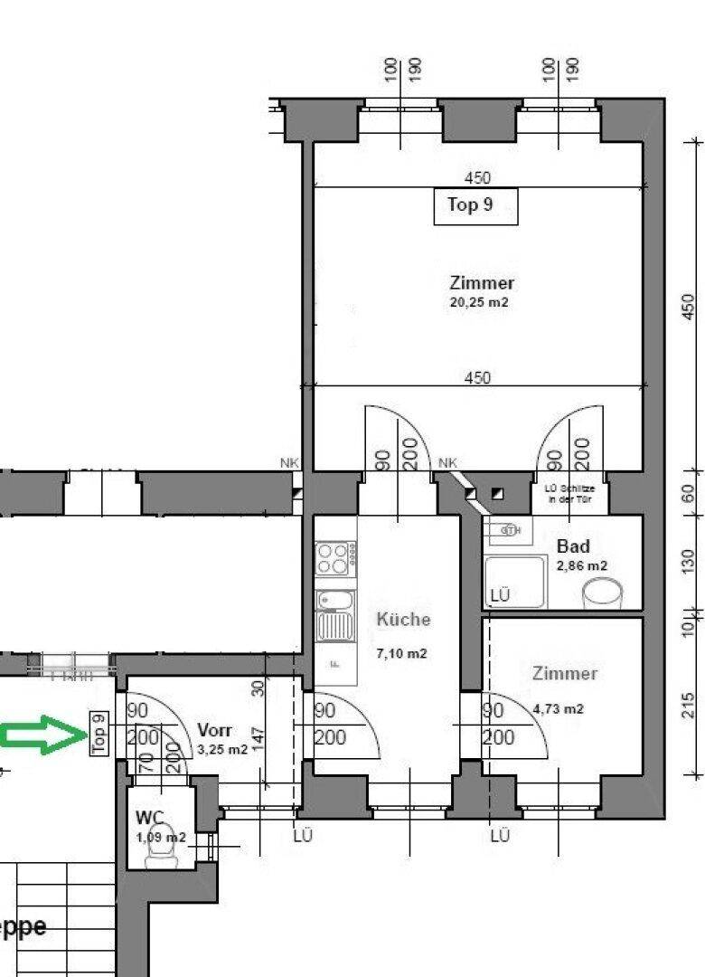 Grundriss der Wohnung mit Zimmern, Küche, Bad und separatem WC.
