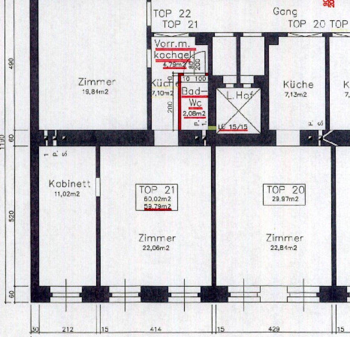 Grundrissplan einer Wohnung mit mehreren Zimmern, Küche, Bad und separatem WC.