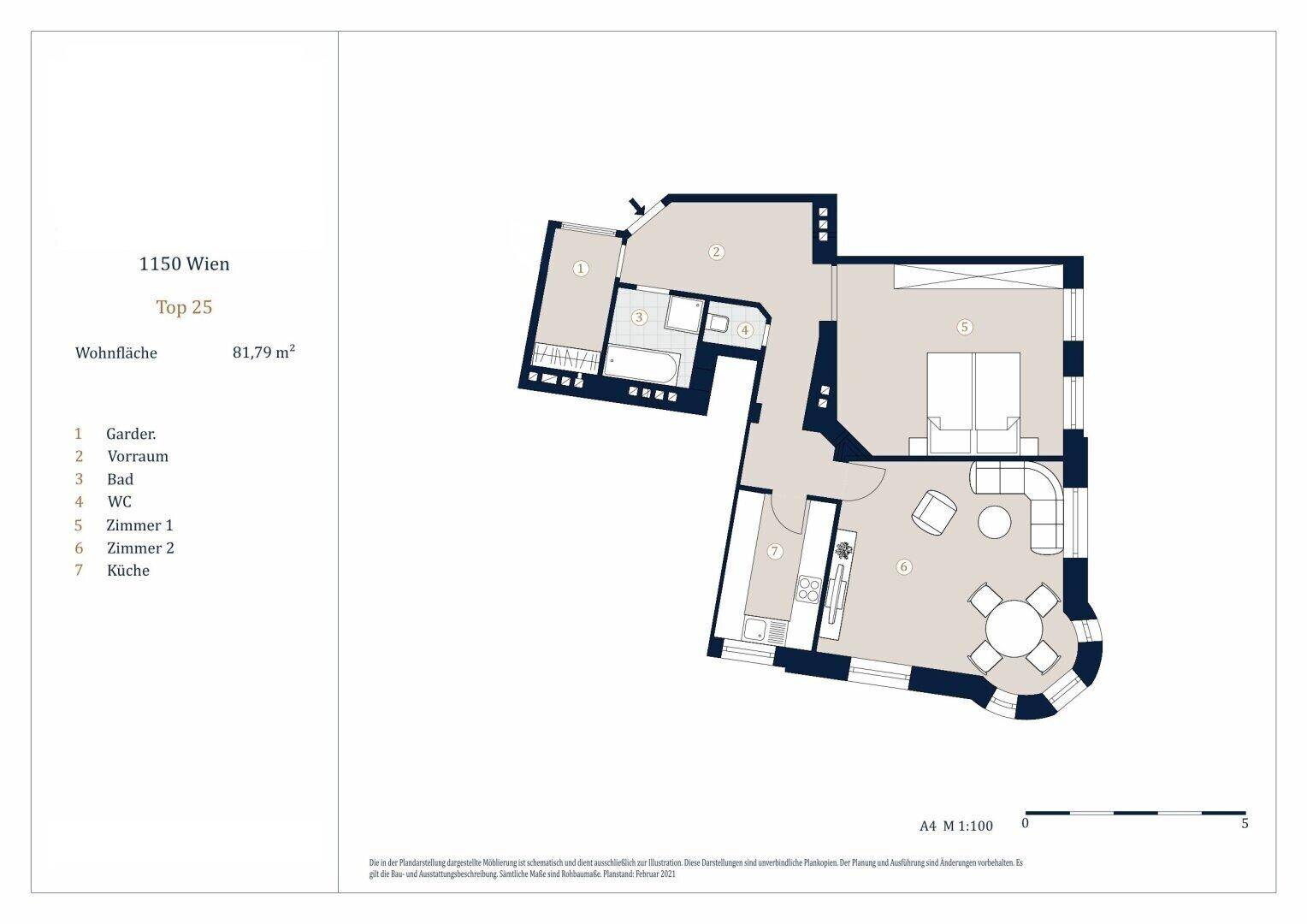 Grundriss der Wohnung mit zwei Zimmern, Küche und Bad auf 81,79 m².