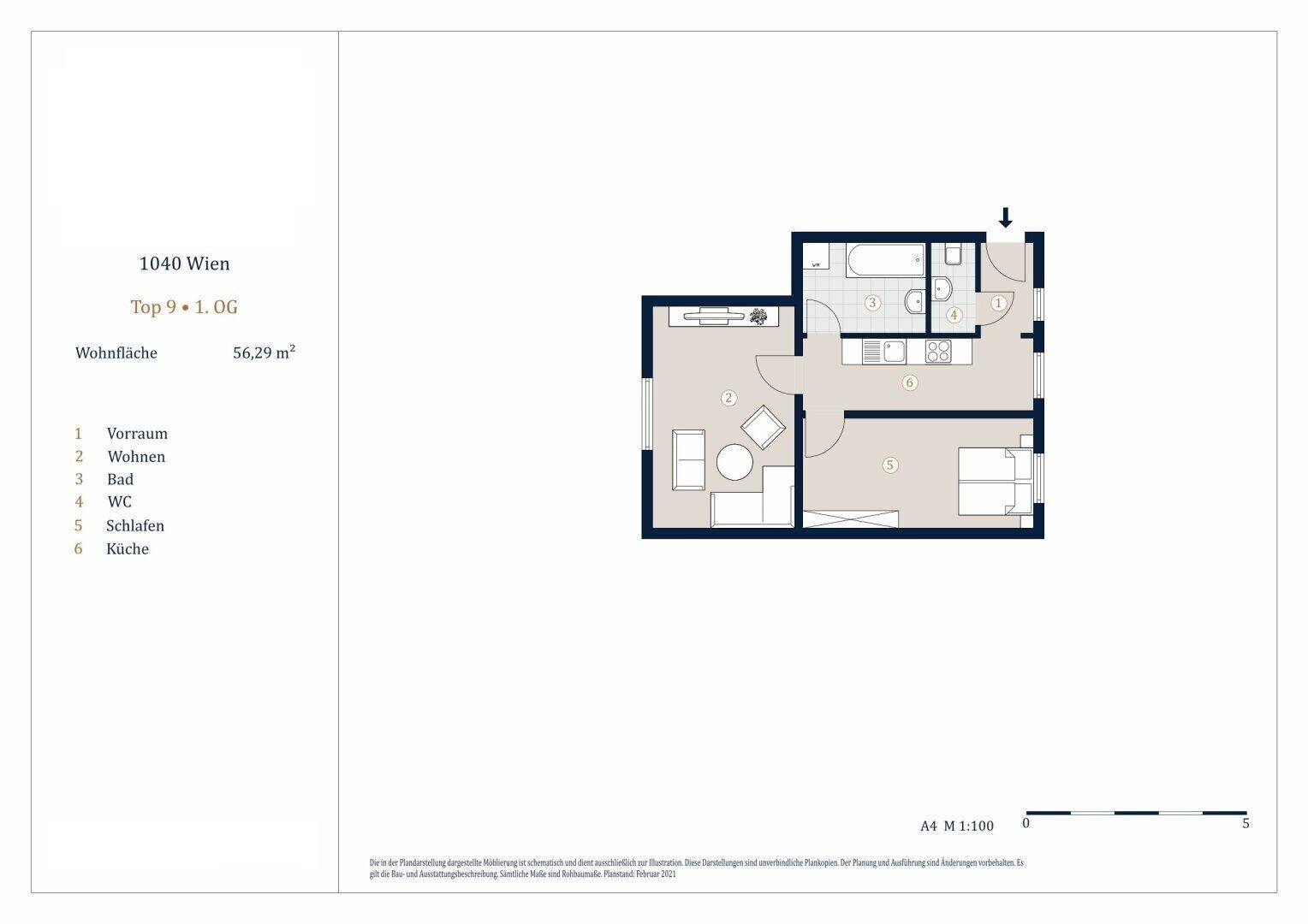 Grundriss einer Wohnung in 1040 Wien mit 56,29 m² Wohnfläche und zwei Schlafzimmern.