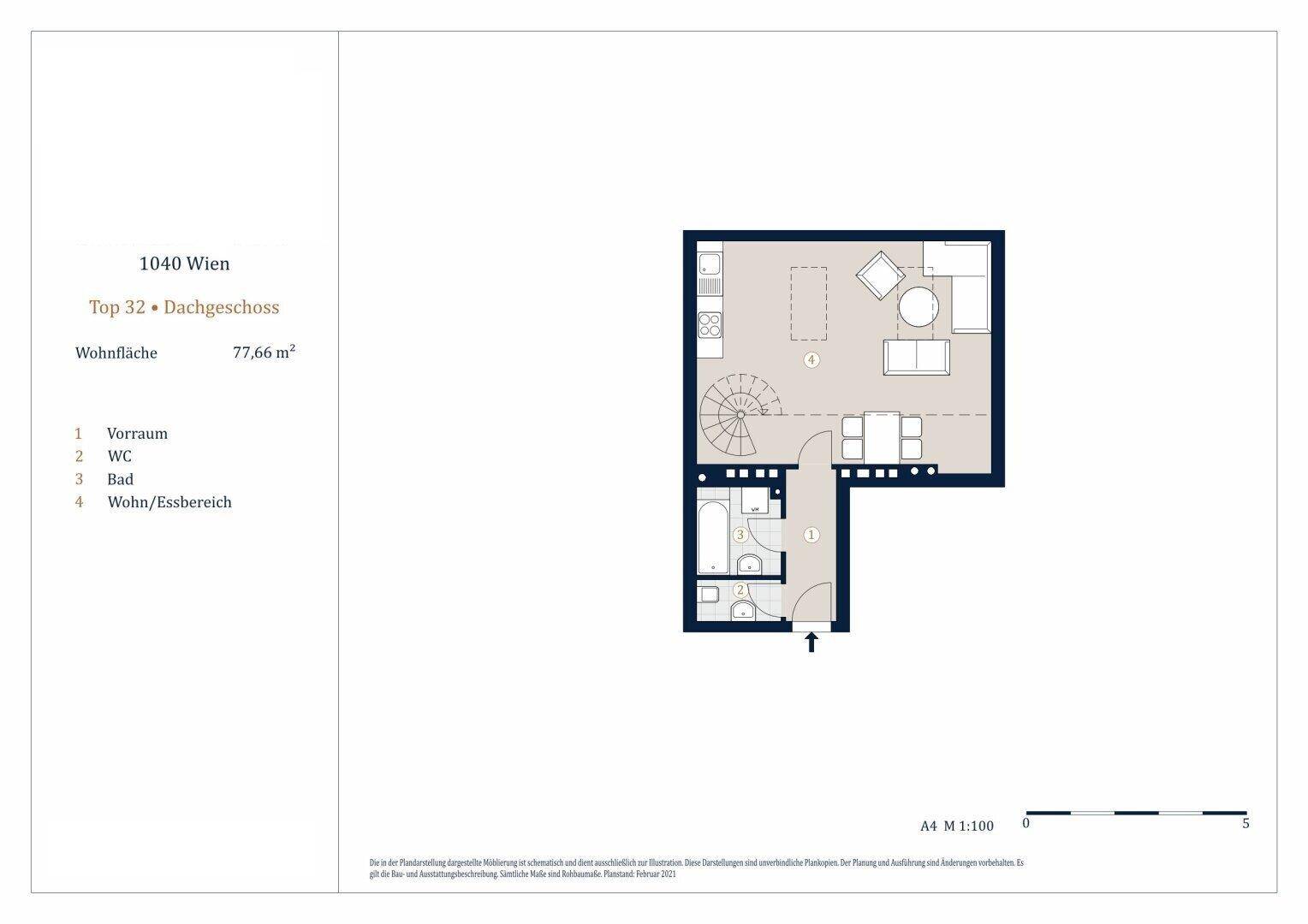 Grundriss des Dachgeschosses mit Wohn-/Essbereich, WC und Badezimmer auf 77,66 m².