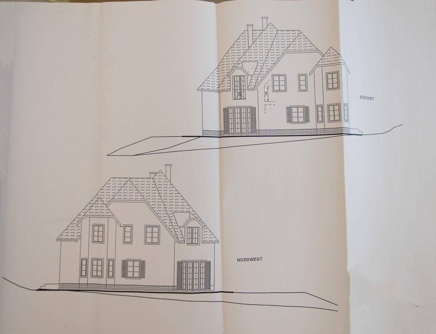 Architektonische Zeichnung zeigt die Südost- und Nordwestansichten des Gebäudes.