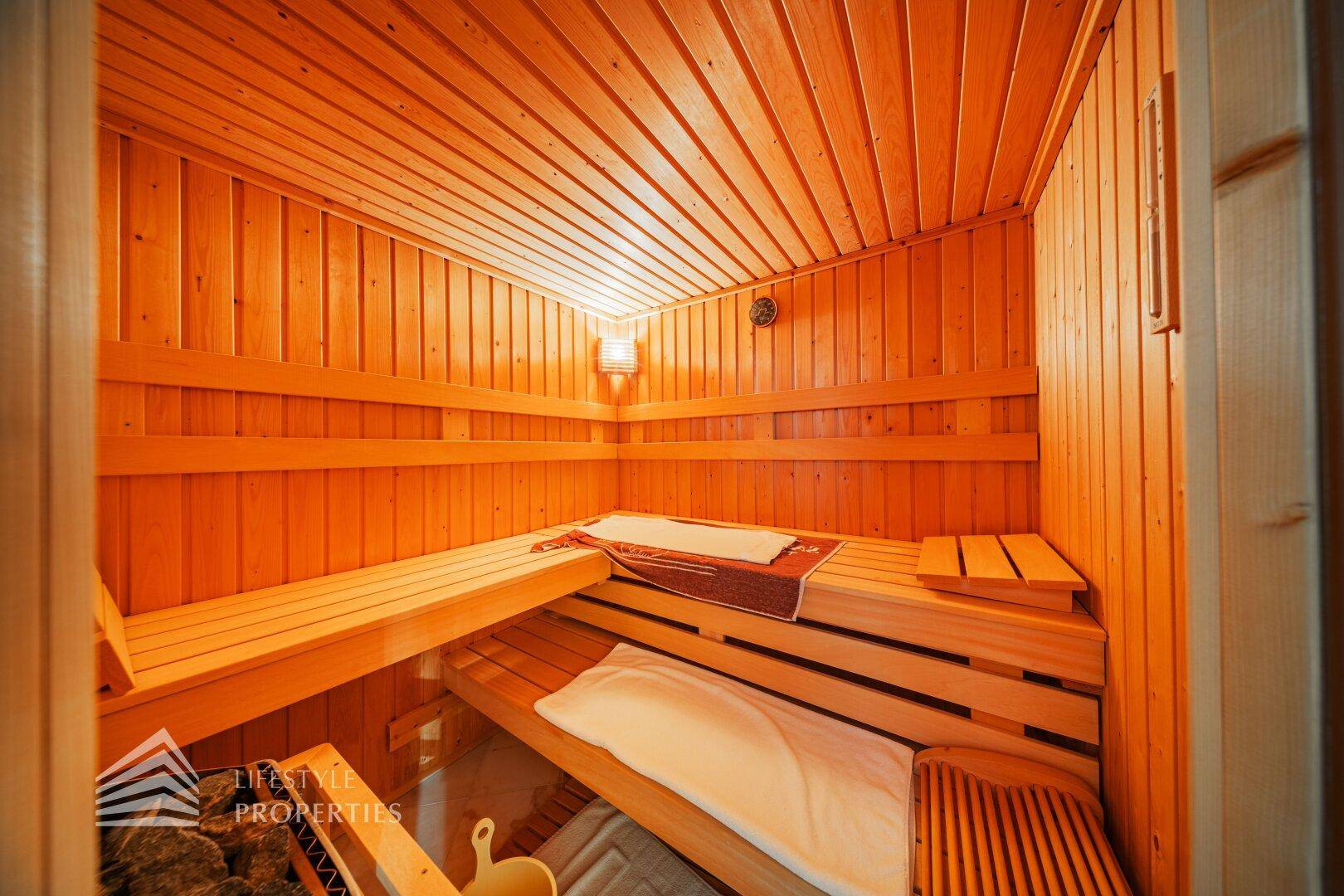 Innenansicht der Holzsauna mit Bänken und traditionellem Saunaofen für entspannende Momente.