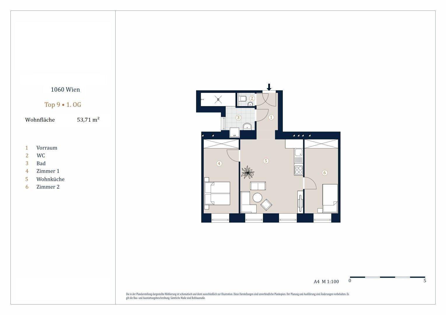 Grundriss der Wohnung Top 9 im ersten Obergeschoss mit 53,71 m² Wohnfläche.