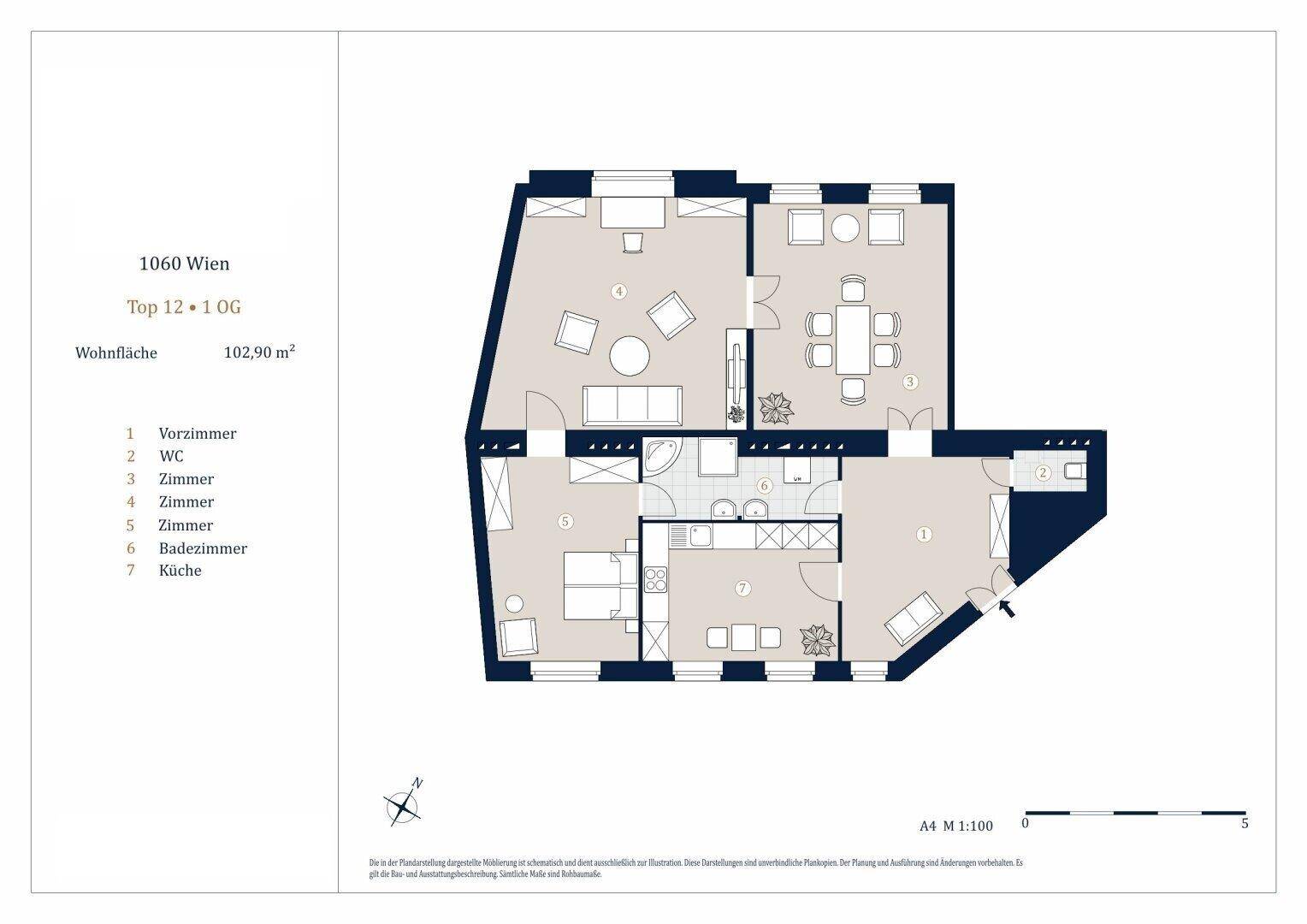 Grundriss der Wohnung Top 12 im ersten Obergeschoss mit 102,90 m² Wohnfläche.