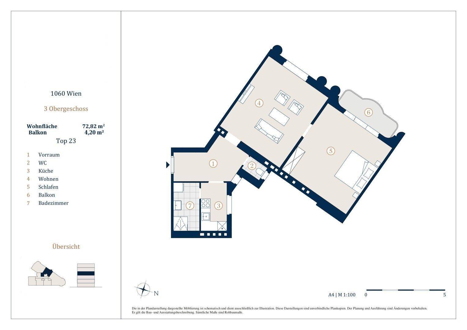 Grundriss einer Wohnung in Wien mit Wohnzimmer, Schlafzimmer, Bad und Balkon.