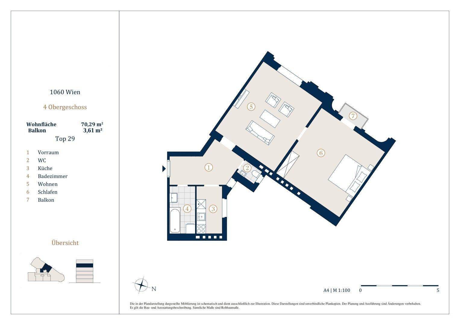 Grundriss der Wohnung mit 70,29 m² Wohnfläche, einem Schlafzimmer und Balkon.