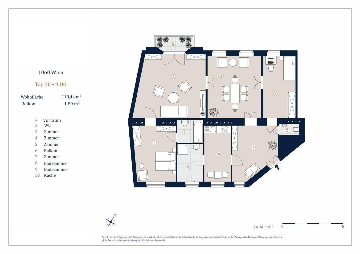 Grundriss einer Wohnung in Wien mit mehreren Zimmern und einem Balkon.