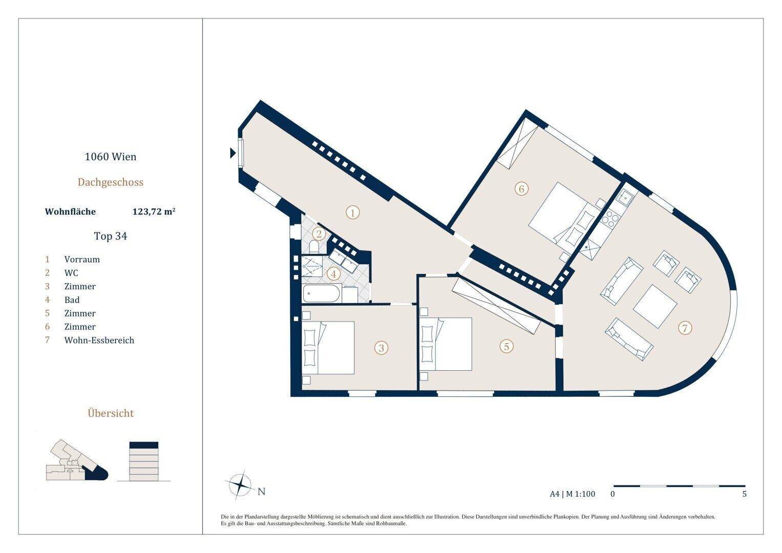 Grundriss des Dachgeschosses mit einer Wohnfläche von 123,72 m² und mehreren Zimmern.