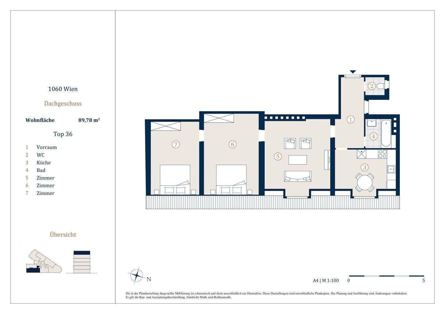 Grundriss des Dachgeschosses mit Wohnfläche von 89,78 m² und mehreren Zimmern.