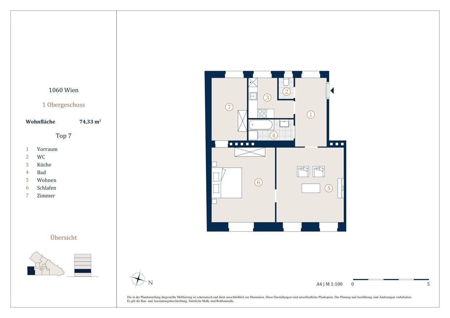 Grundriss einer 74,33 m² großen Wohnung im ersten Obergeschoss mit Balkon.