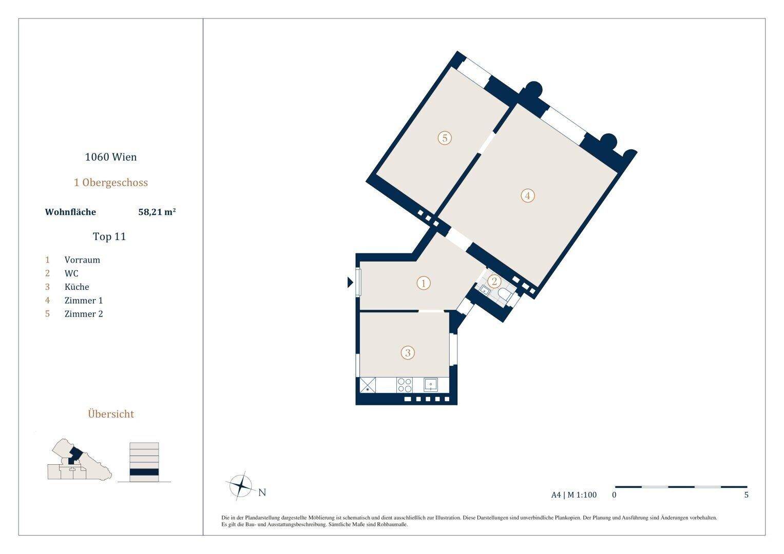 Grundriss einer Wohnung im Obergeschoss mit Vorraum, WC, Küche und zwei Zimmern, insgesamt 58,21 m².