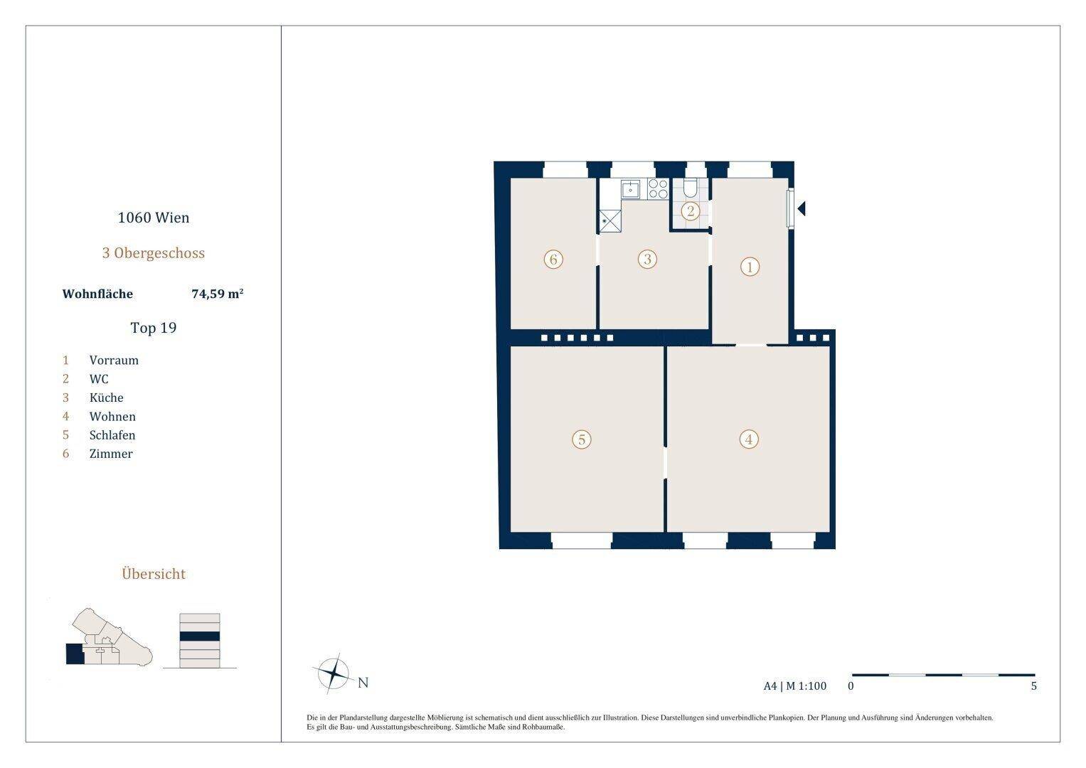 Grundriss einer 74,59 m² Wohnung im 3. Obergeschoss mit Vorraum, WC, Küche, Wohnzimmer, Schlafzimmer und weiterem Zimmer.