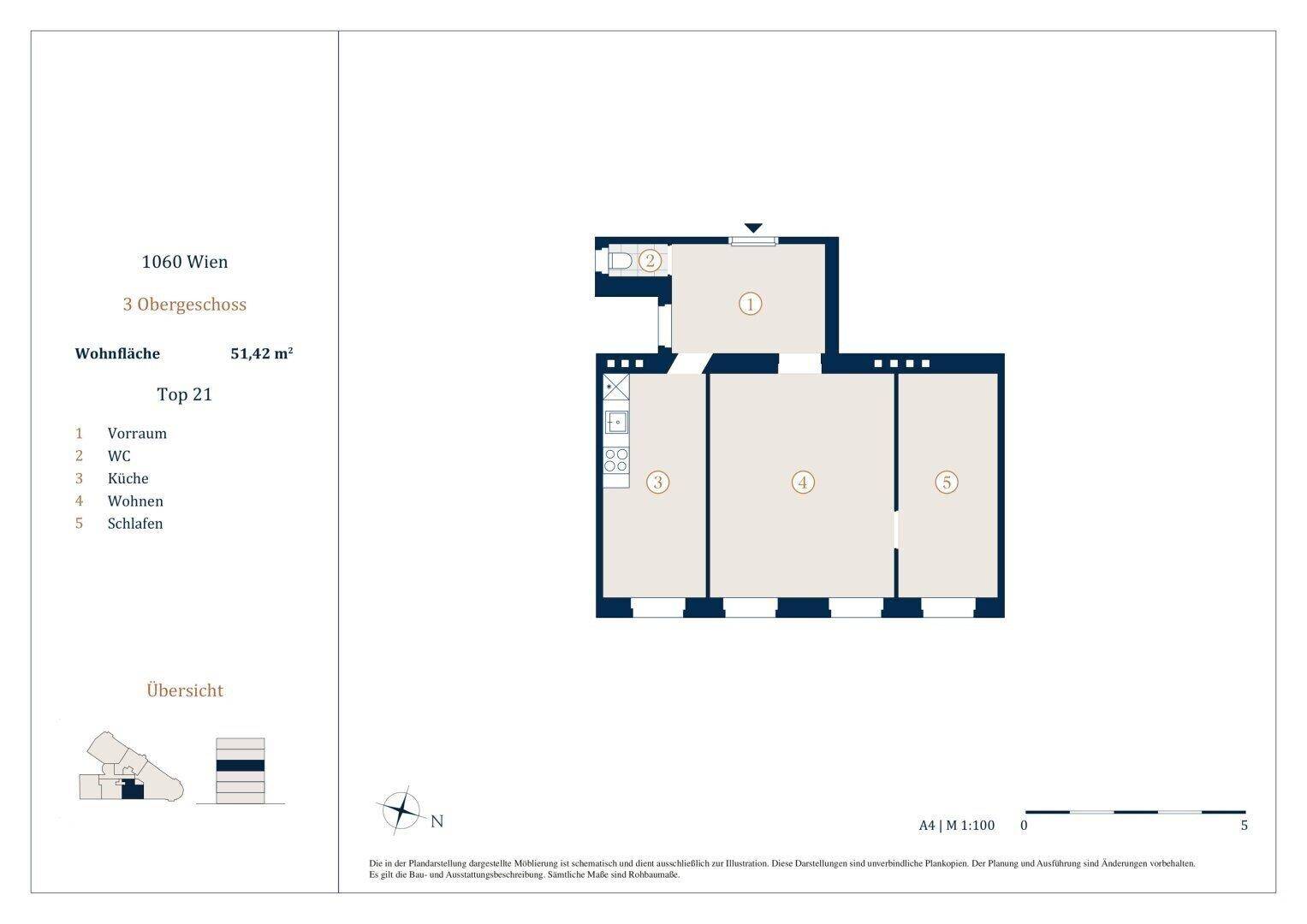 Grundriss der Wohnung Top 21 mit 51,42 m² im 3. Obergeschoss.