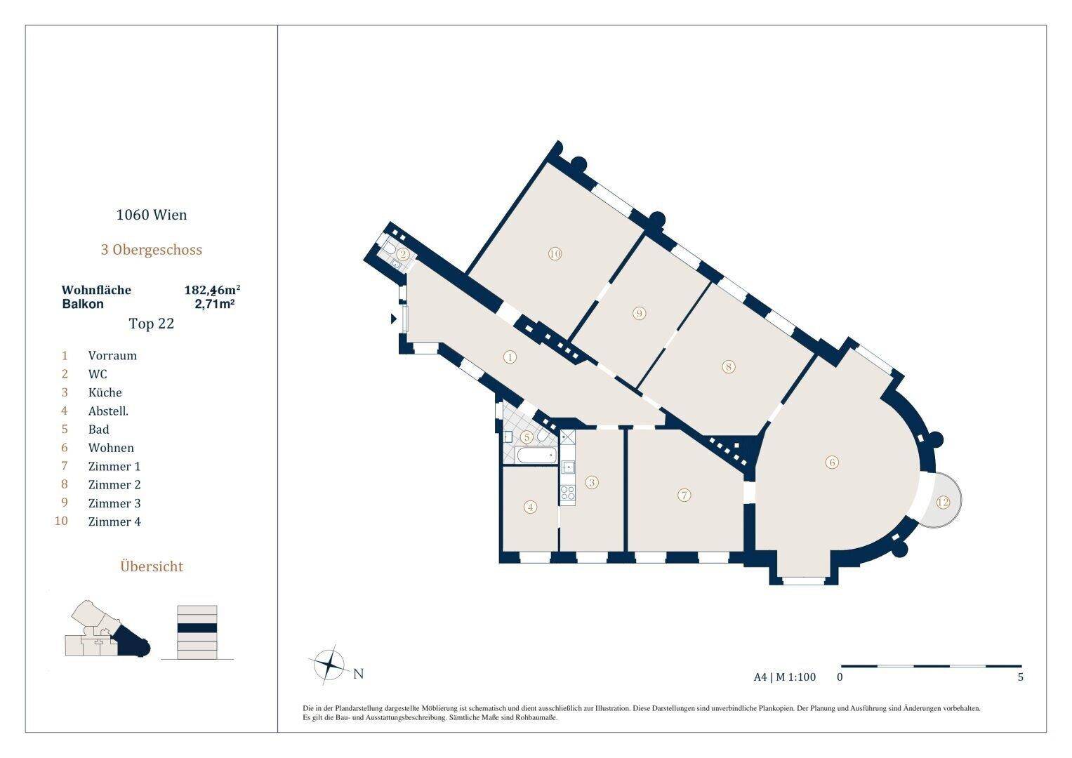 Grundriss einer Wohnung im dritten Obergeschoss mit mehreren Zimmern, Balkon und Abstellraum.