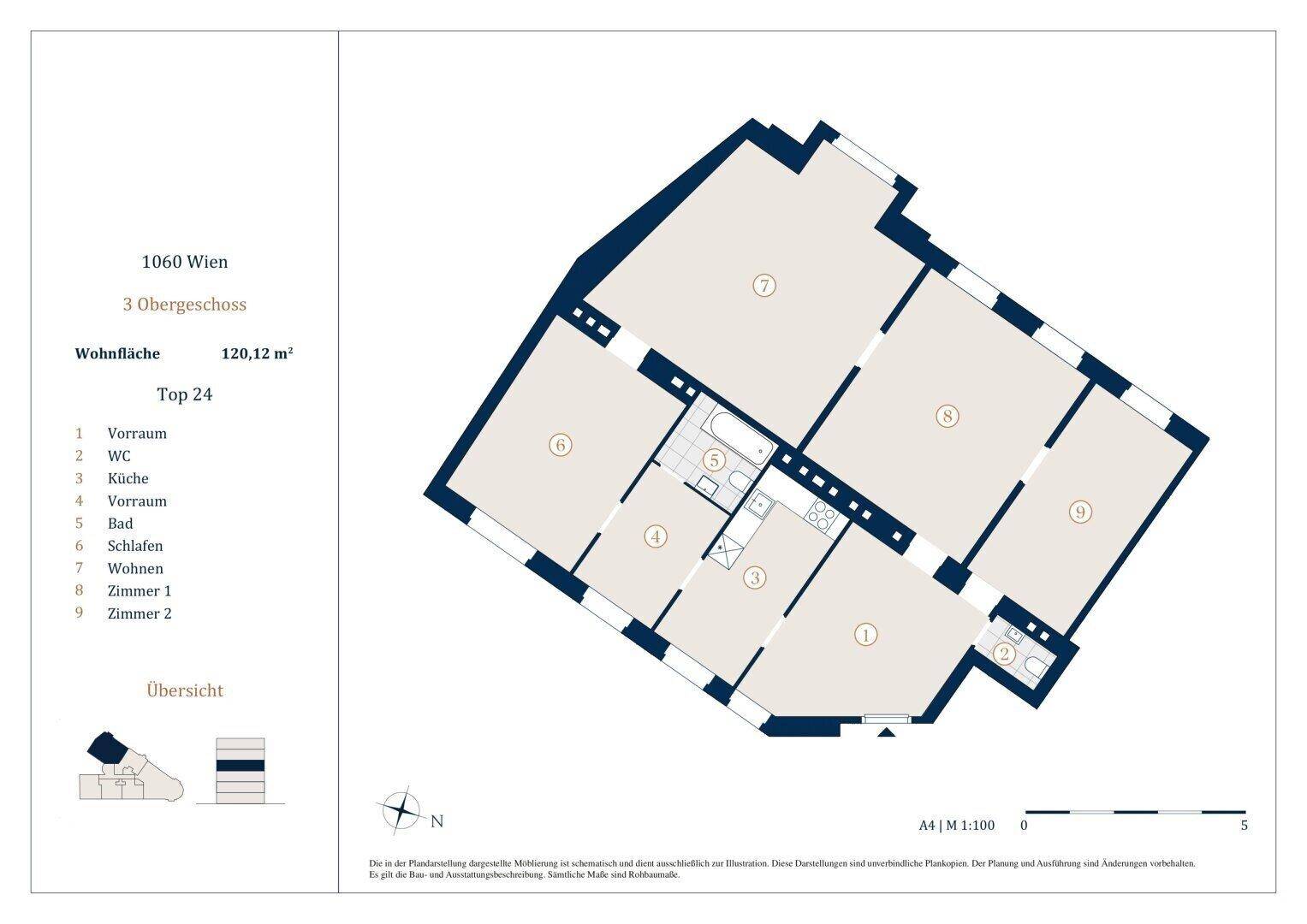 Grundriss einer Eckwohnung mit drei Schlafzimmern, separatem WC und vielen Fenstern.