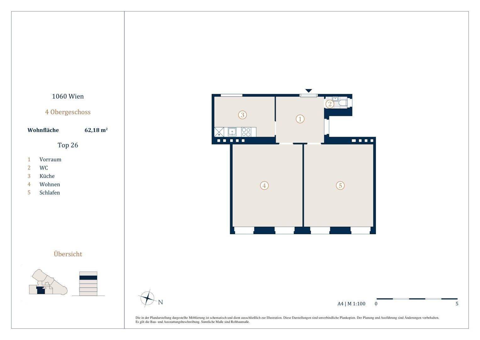 Grundriss einer 62,18 m² Wohnung mit offenem Wohnbereich und Balkon.
