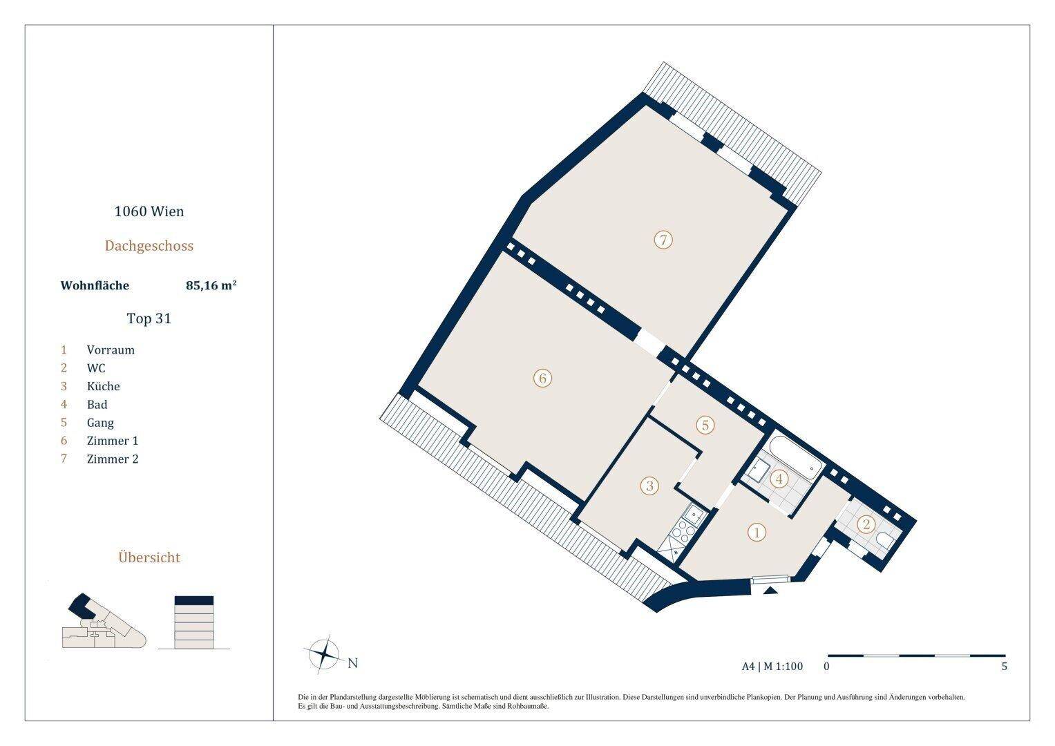 Grundriss einer Dachgeschosswohnung mit zwei Zimmern, separater Küche, Bad, WC und Balkon.