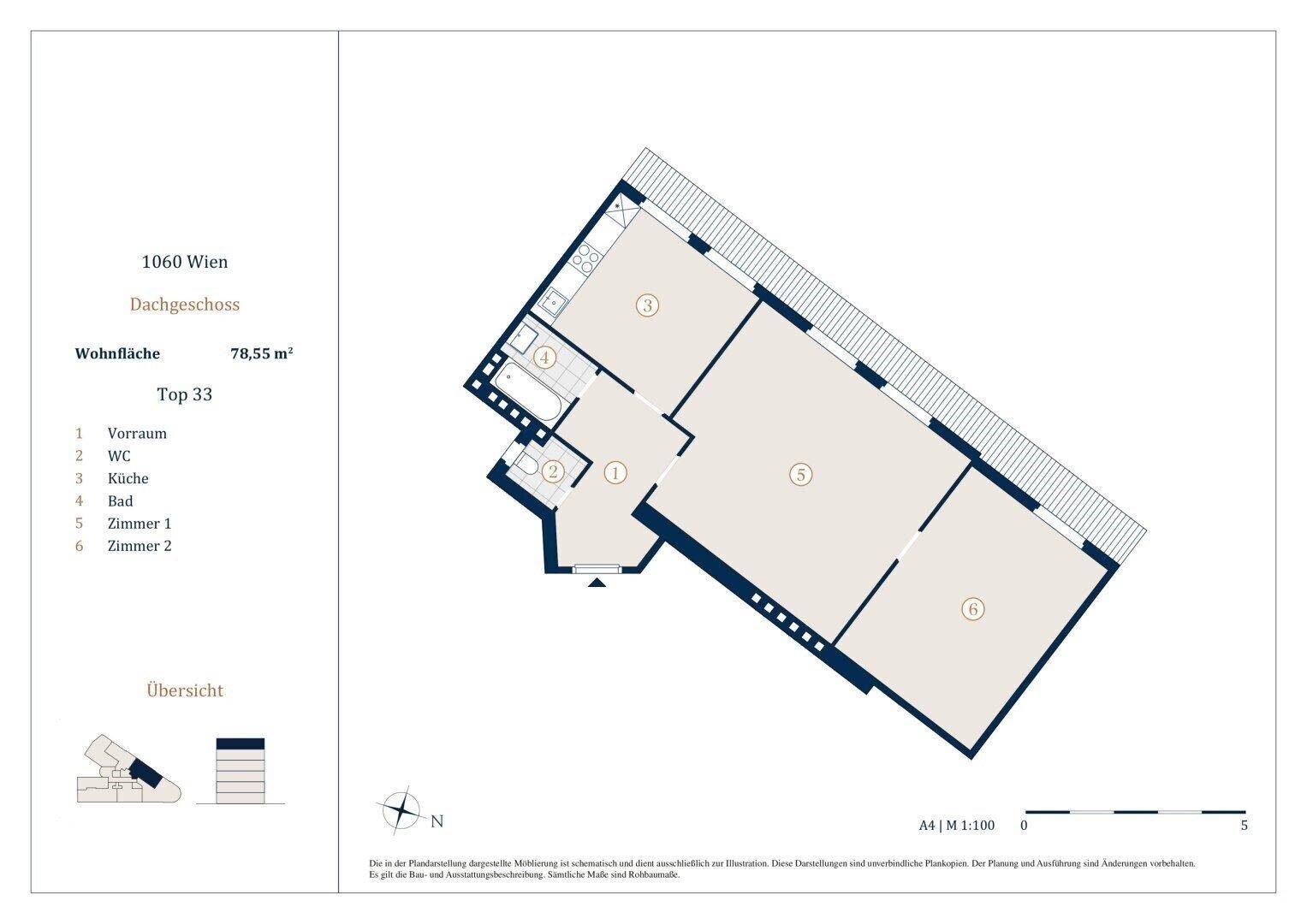 Grundriss einer Dachgeschosswohnung mit zwei Schlafzimmern, offenem Wohnbereich und Balkon.