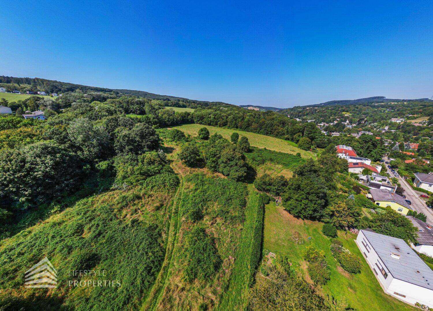 Panoramablick aus der Luft auf eine grüne Hügellandschaft mit vereinzelten Häusern und weitem Horizont.