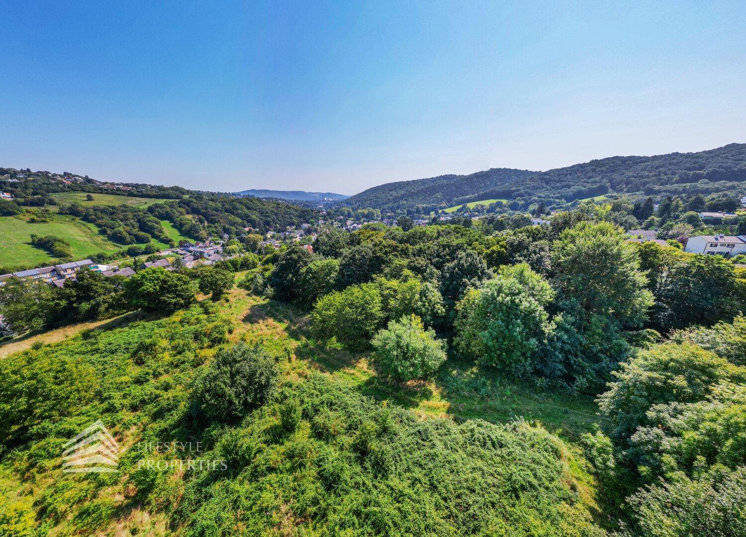 Weitwinkel-Luftaufnahme einer ausgedehnten grünen Landschaft mit verstreuten Häusern und klarem Himmel.
