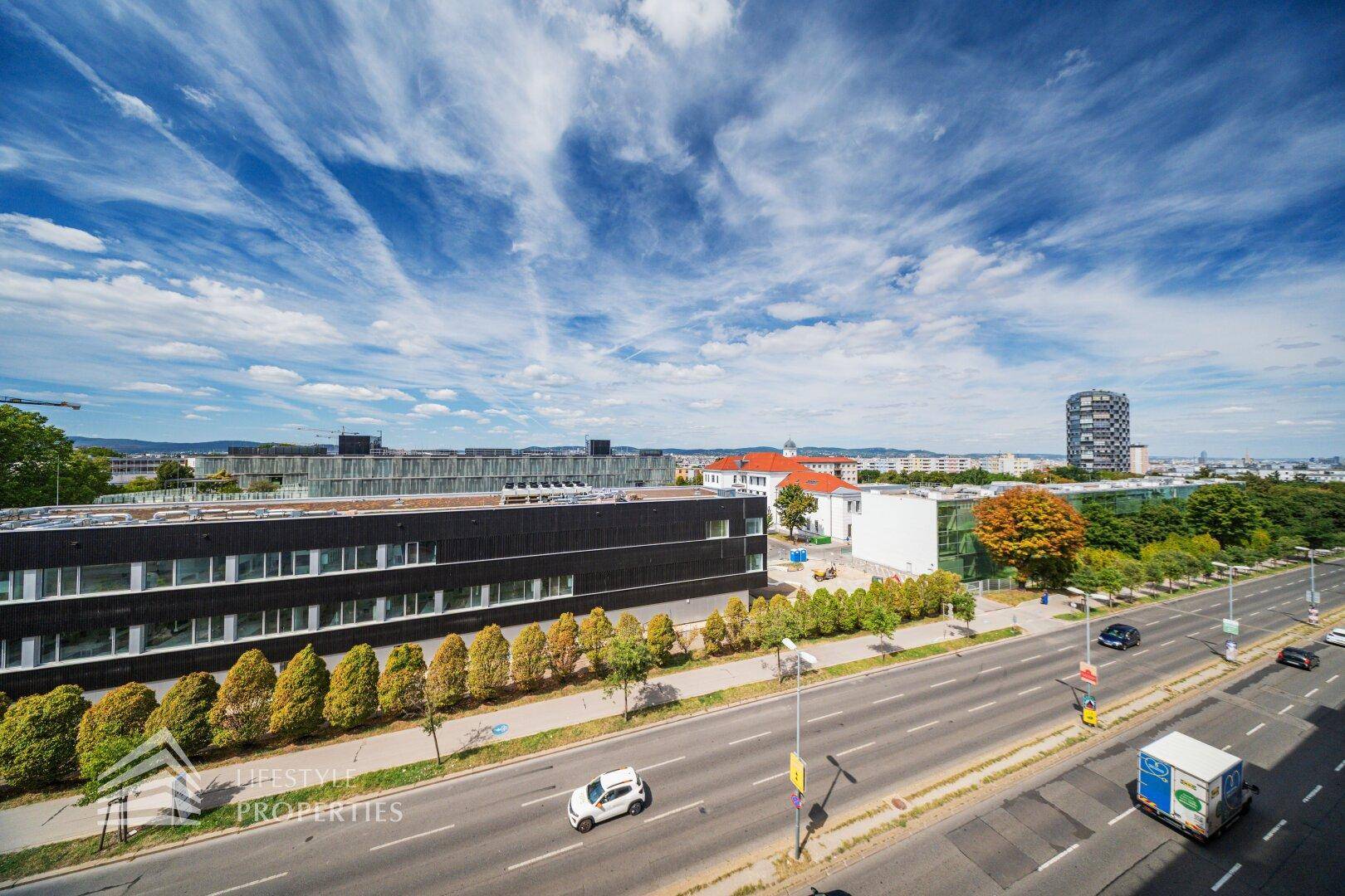 Weitläufiger Blick über eine Stadtstraße mit modernen Gebäuden und blauem Himmel.