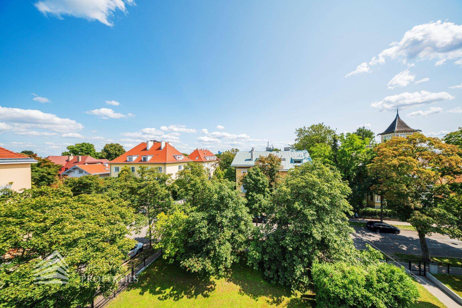 Weitläufiger Blick über die grüne Umgebung mit Bäumen und Dächern der Nachbargebäude.