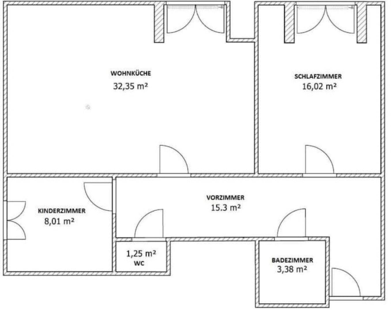 Grundriss der Wohnung mit Wohnküche, Schlafzimmer, Kinderzimmer, Vorzimmer und Bad.